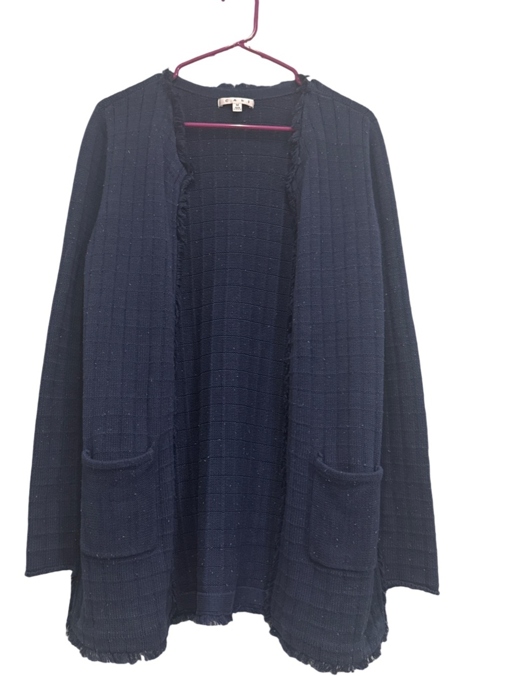 CAbi Navy Blue 100% Cotton Long Cardigan Sweater Size M Fringe Pockets
